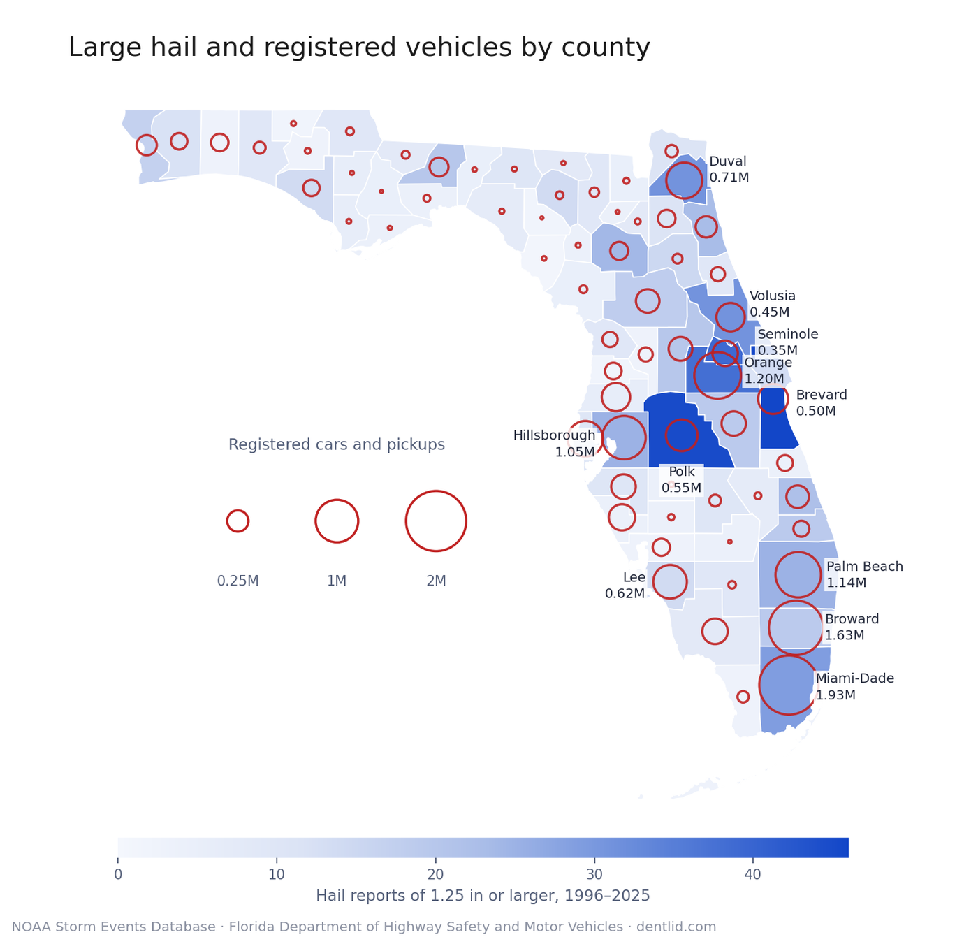 Map of Florida counties shaded by large hail frequency with circles sized by registered vehicles