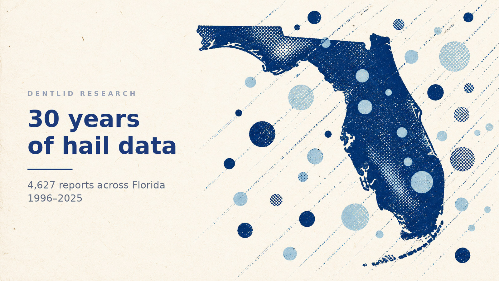 Riso-style illustration of Florida with hailstones, title reading 30 years of hail data