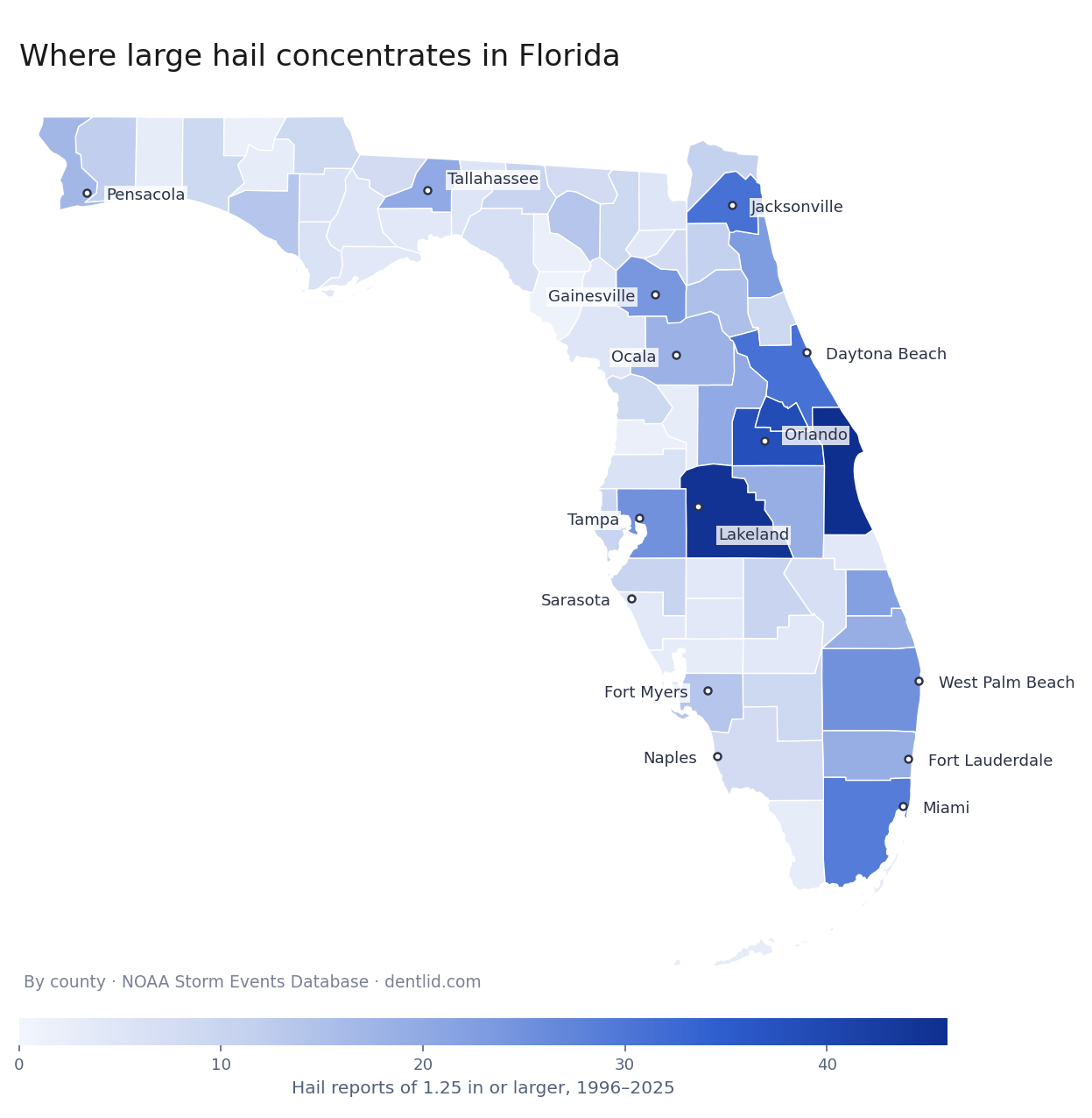 Choropleth map of Florida counties shaded by number of hail reports of 1.25 inches or larger since 1996