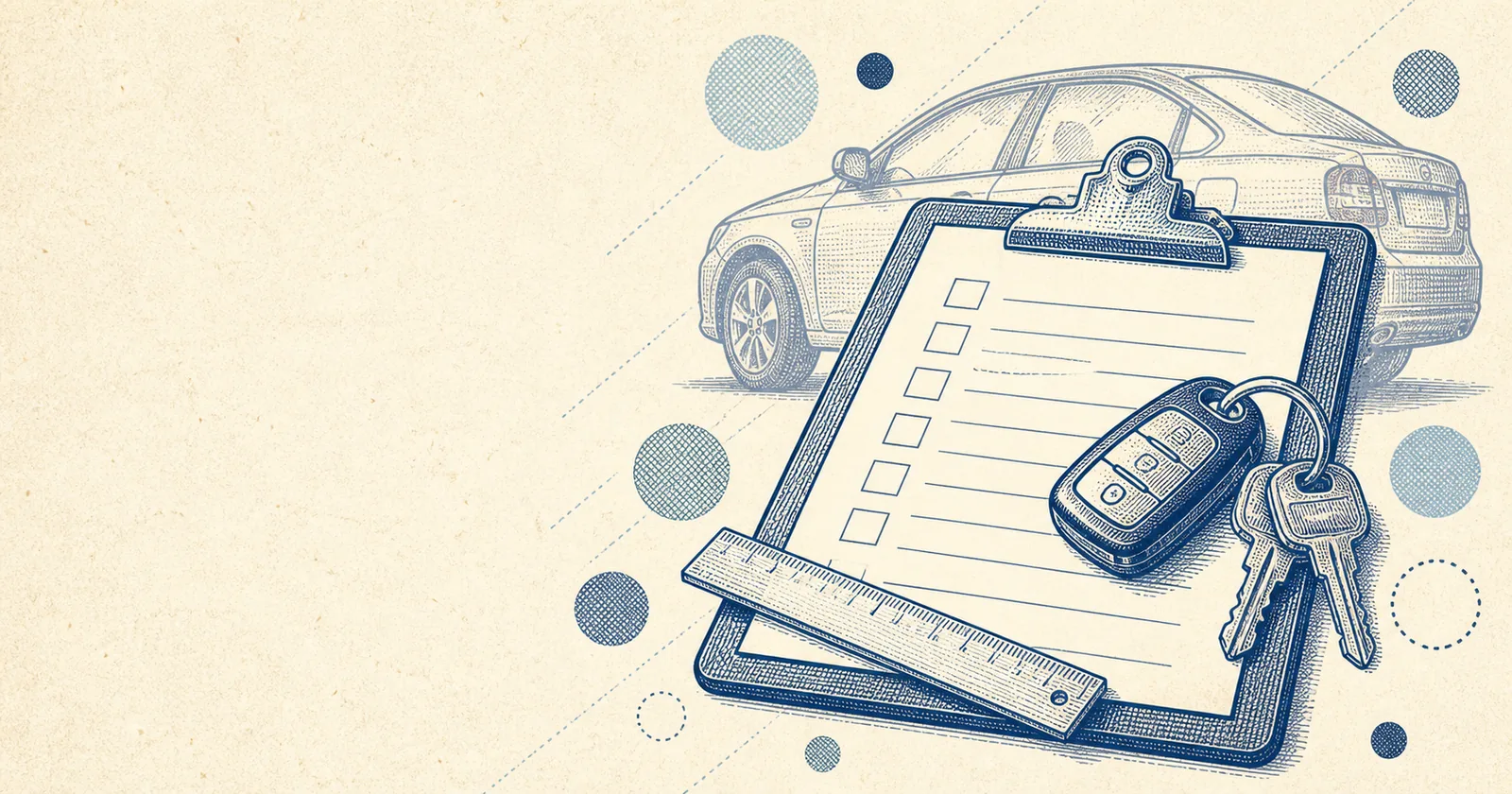 Engraved illustration of a lease inspection clipboard with car keys and a ruler resting on it