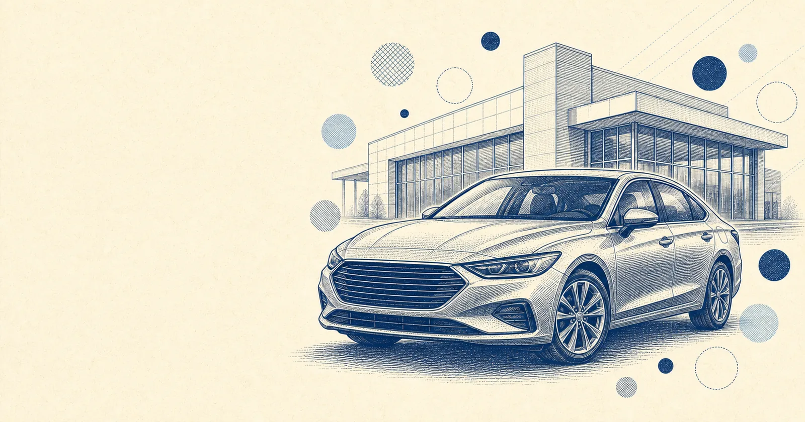 Engraved illustration of a sedan outside a dealership with halftone circles marking dent locations