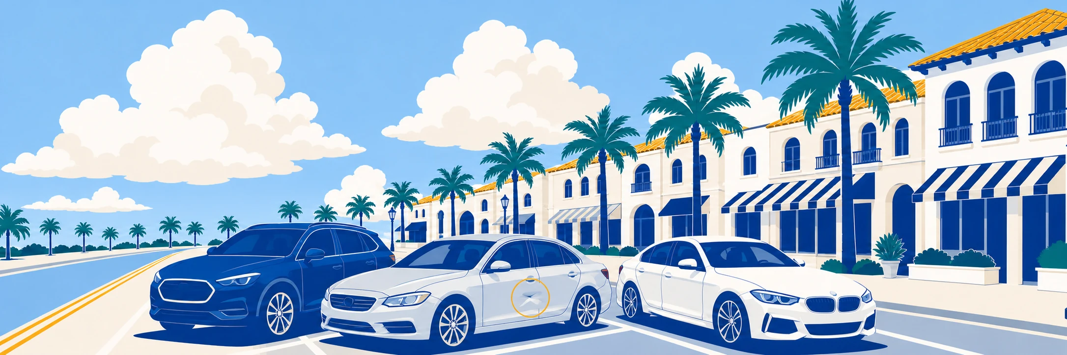 Cars parked along Fifth Avenue South in Naples Florida with a door dent marked on a white sedan