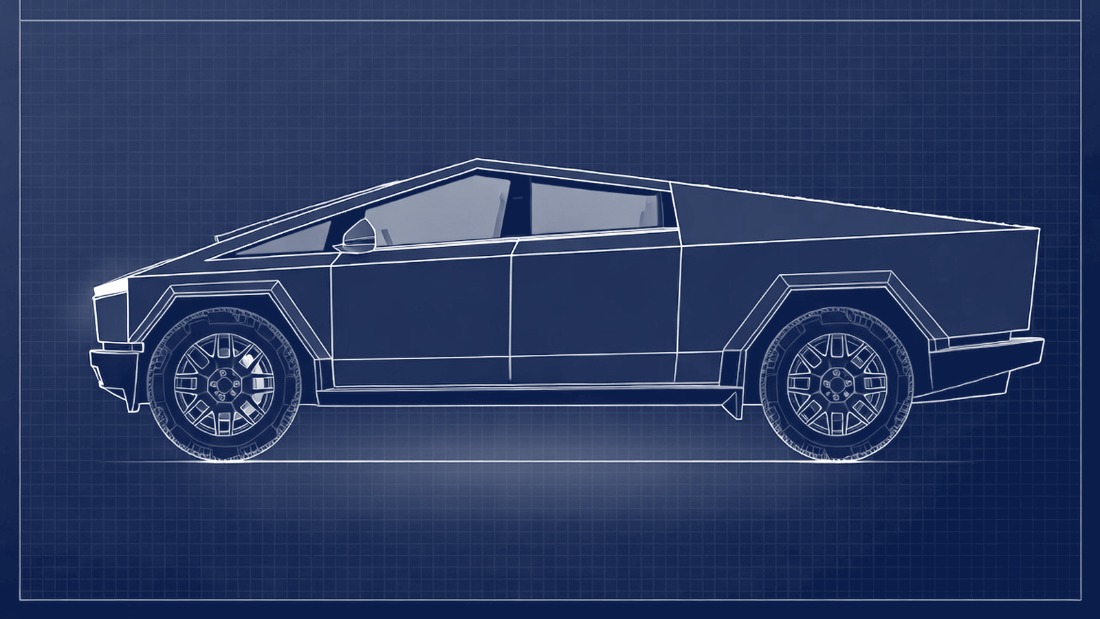 Tesla Cybertruck side profile blueprint showing flat stainless steel panels and angular body lines