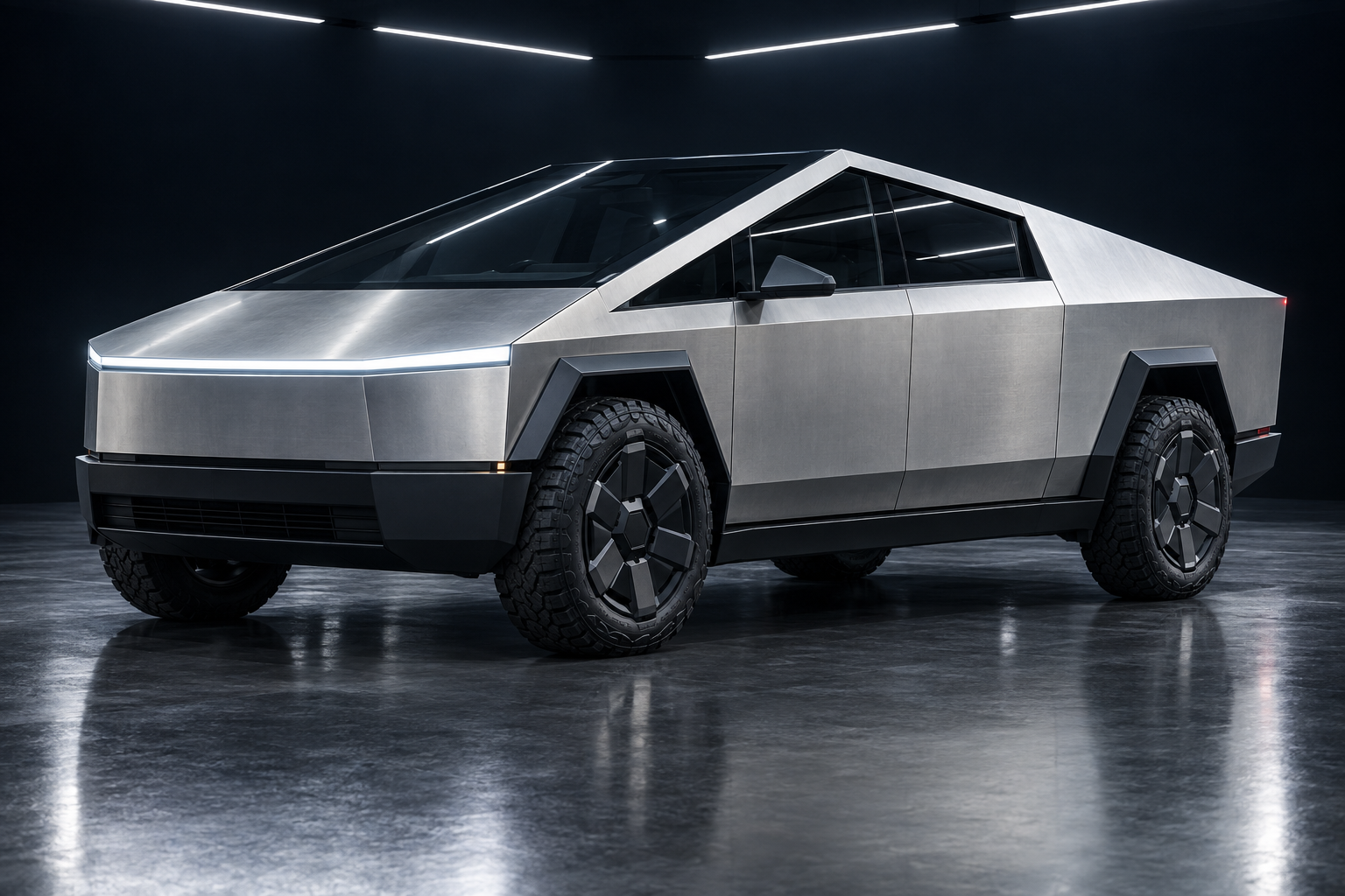 Illustrative studio render of a silver Tesla Cybertruck showing its stainless steel body