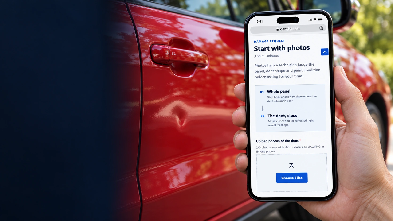 A phone showing the DentLID photo request form beside a dent on a red car
