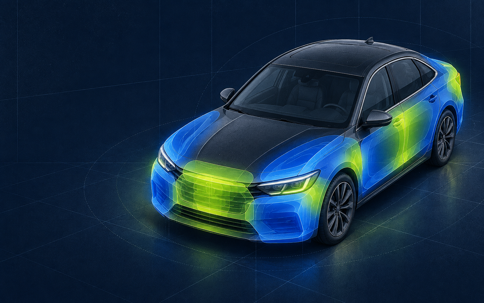 Editorial illustration of a graphite car with highlighted vehicle impact zones