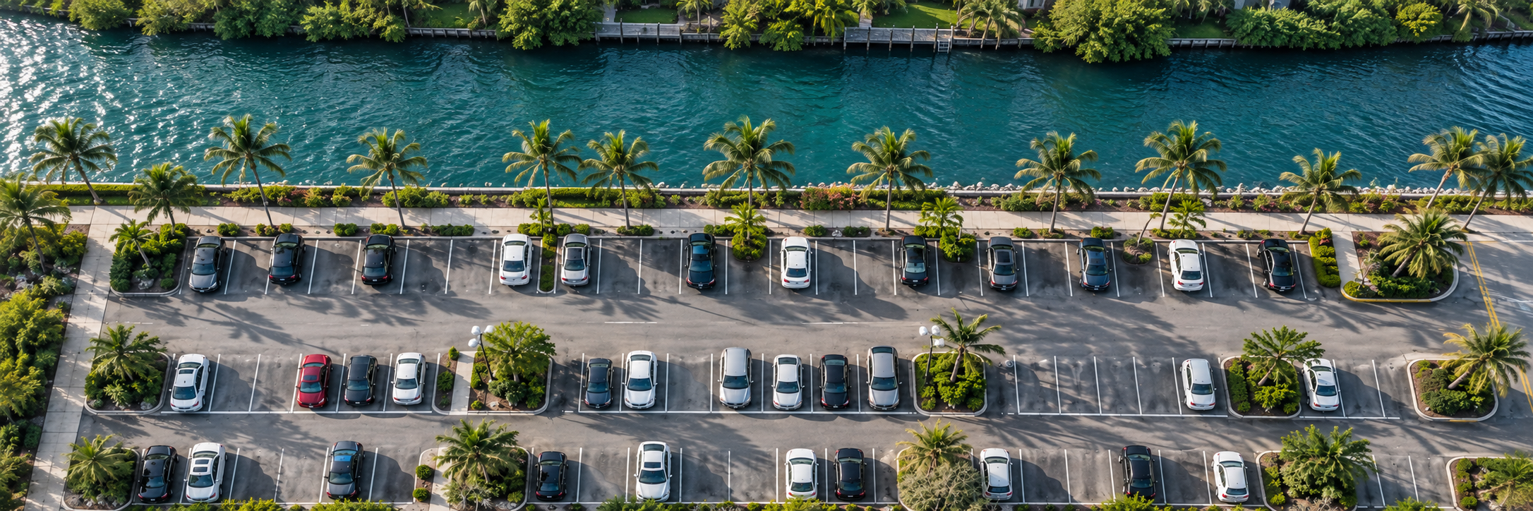 Editorial drone-style view of a South Florida canalside parking lot with rows of cars and palm trees