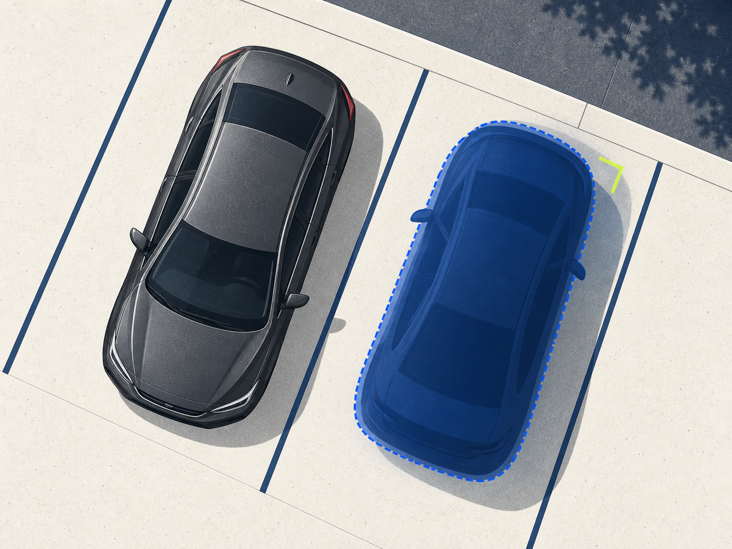 Editorial top-down illustration of two parked cars with part of the scene hidden by a data mask