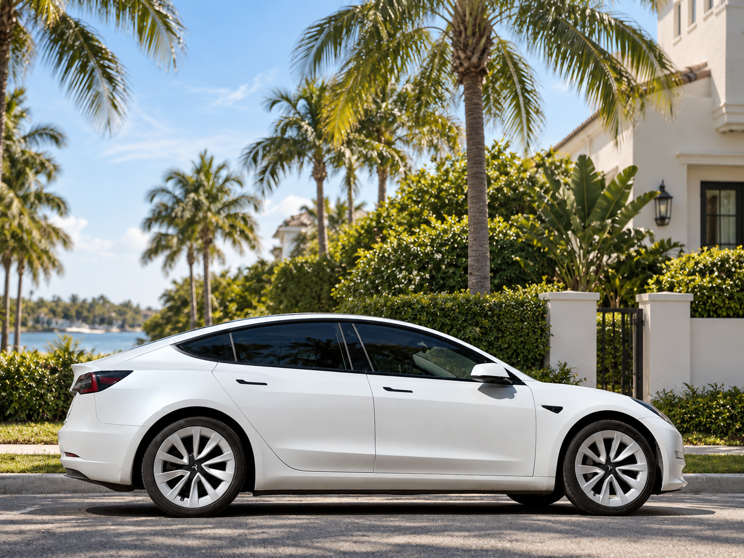 White Tesla Model 3 with an AI-edited Florida-style palm-lined background