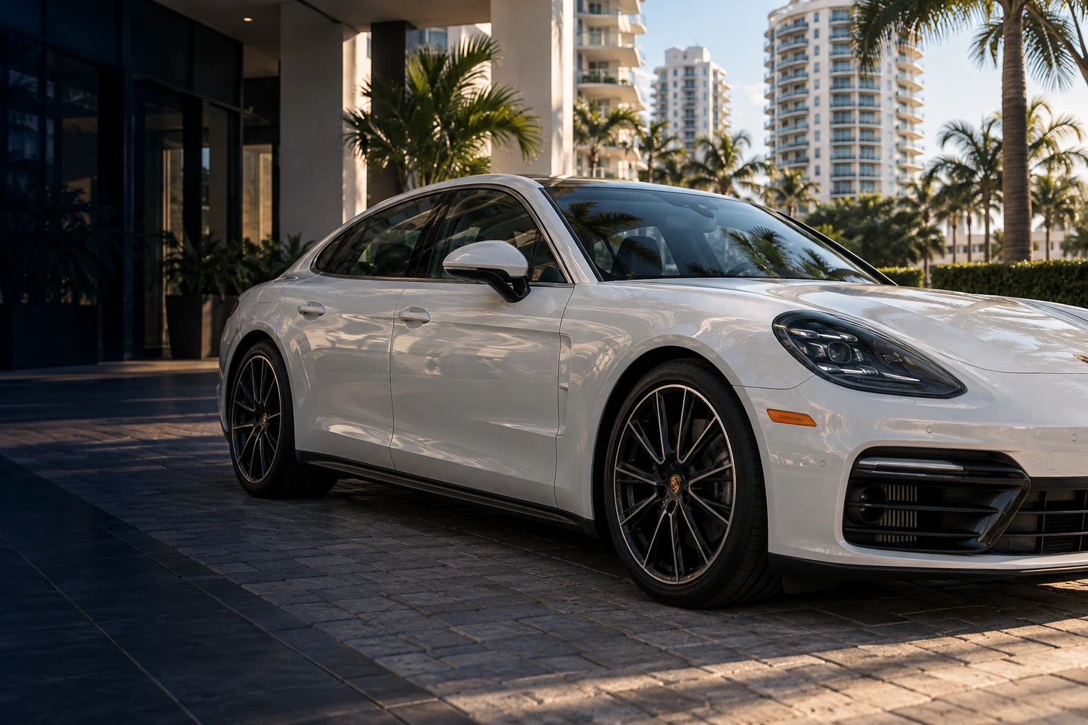 Illustration of a white luxury car parked beside Florida-style condominium towers and palm trees